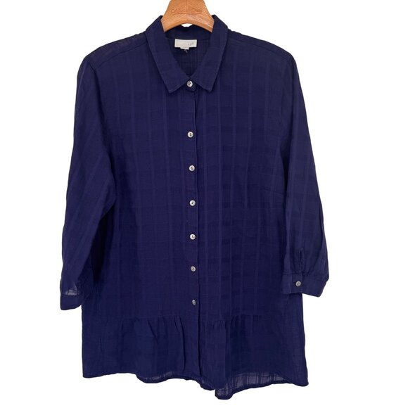 J JILL woman's blouse tunic sheer plaid ruffle hem size large cotton top blue - Picture 2 of 11